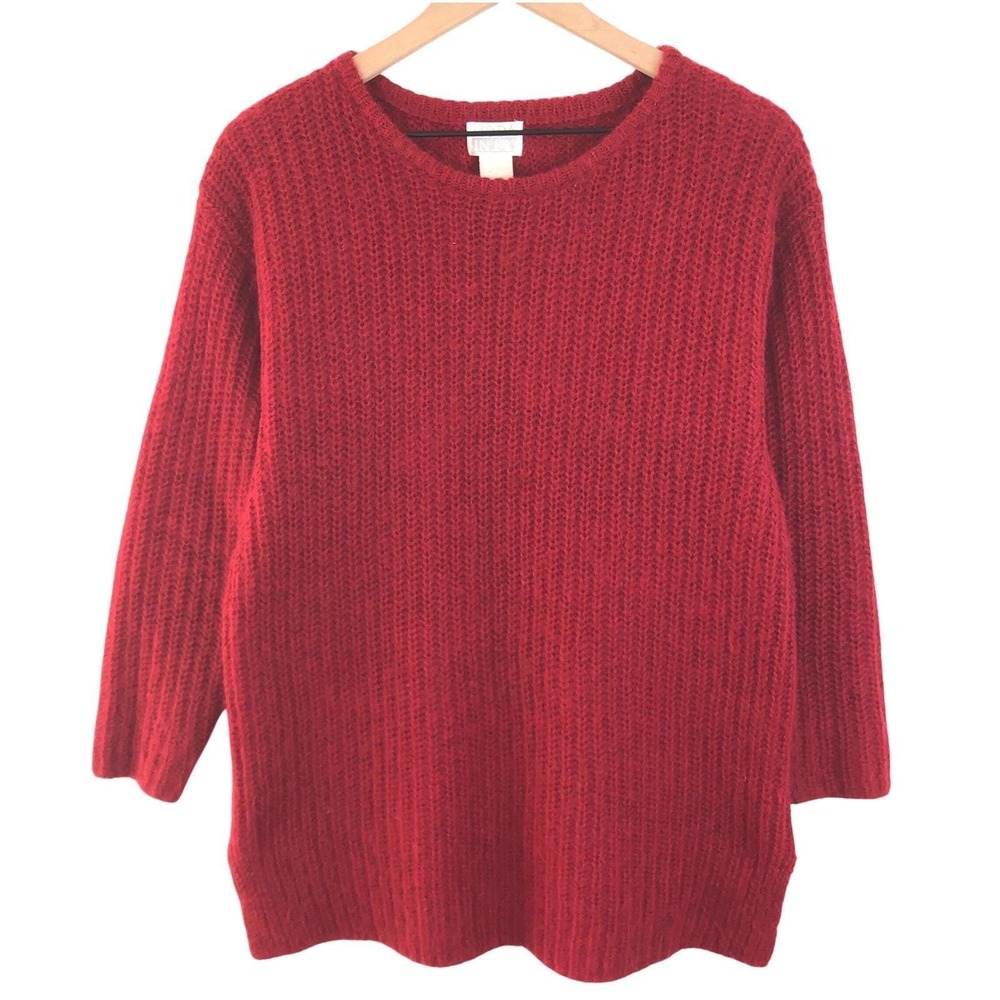 VTG MODA INTL Mohair Blend Tunic Sweater Sz S Red Fuzzy 3/4 Sleeve Chunky